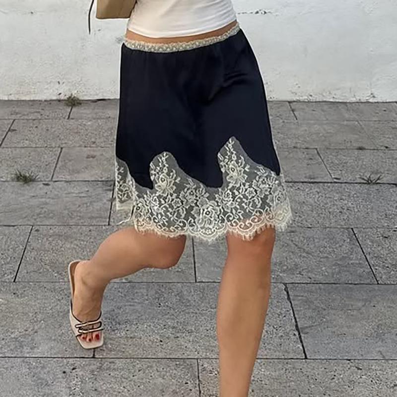 Damen Spitzenbesatz Satin Minirock 2026 Frühling Y2k Spitzensatin A-Linie Halbslip Kurzer Rock Süß Hohe Taille Unterrock