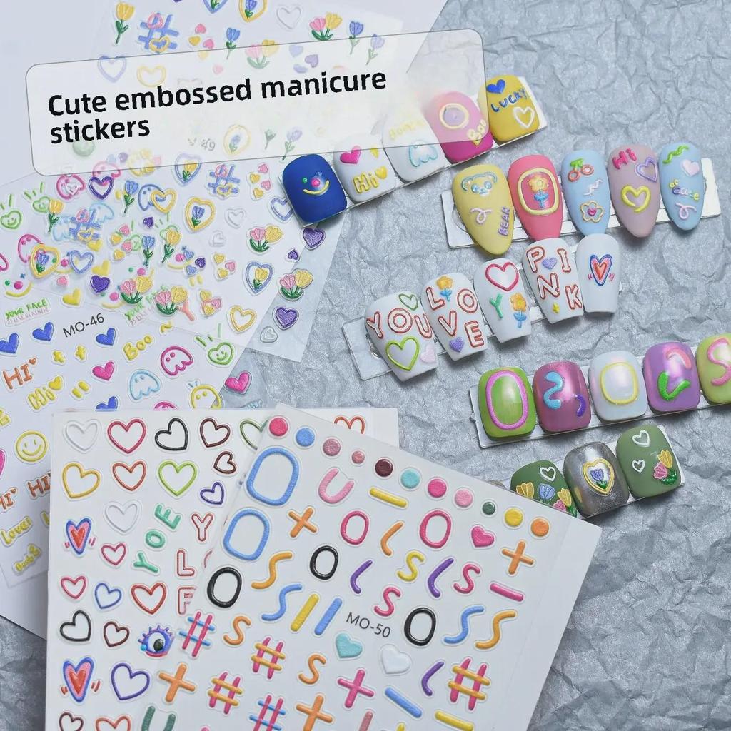 Adesivos de Nail Art Estilo Dopamina: Letras em relevo, números e designs fofos