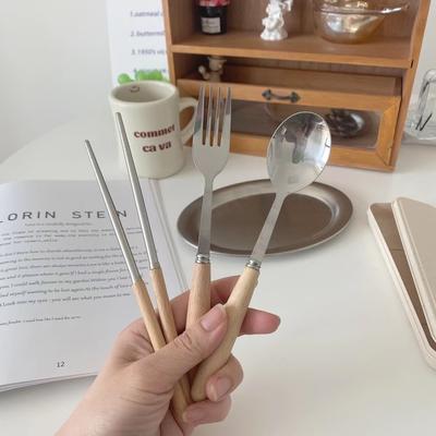 Wooden Tableware Three-piece Set, Spoon, Premium Wooden Handle Chopsticks, Fork, Stainless Steel Portable Tableware, Chopstick Set.