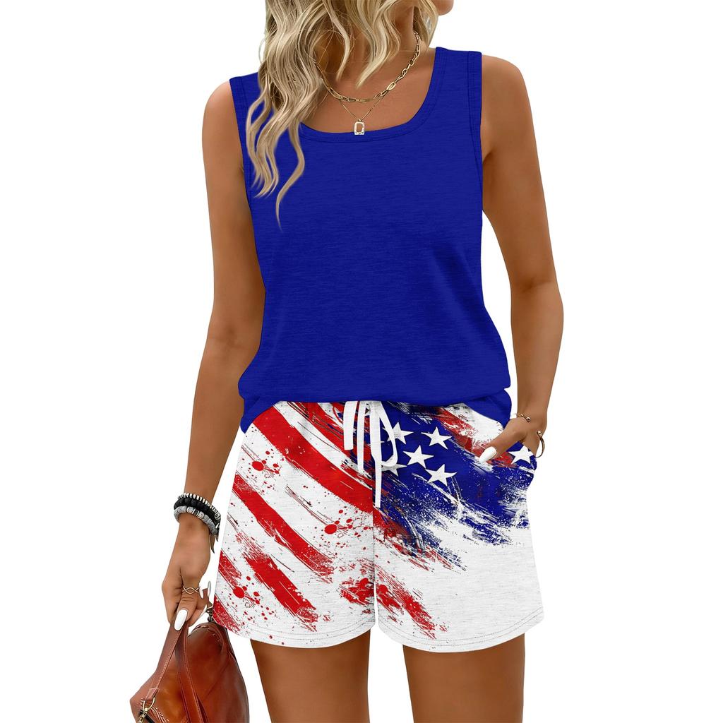 Women Summer Casual Two Piece Set Sleeveless Tank Top Square Neck Vest and Shorts with Pockets Lightweight Comfortable Fit