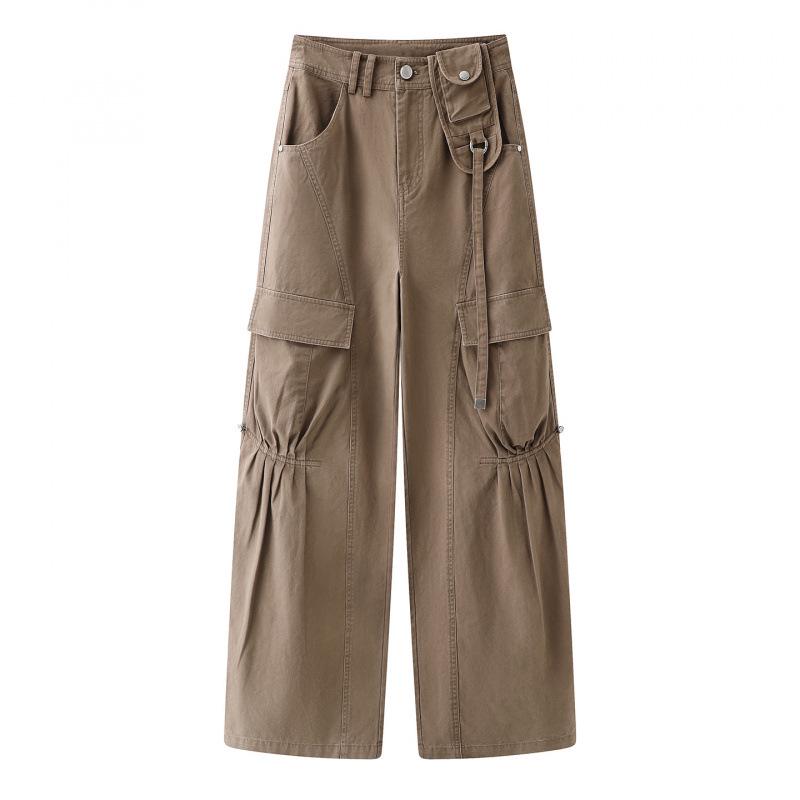 In Stock: 2026 Spring Casual High-Waisted Cargo Wide-Leg Trousers with Multi-Pockets Small