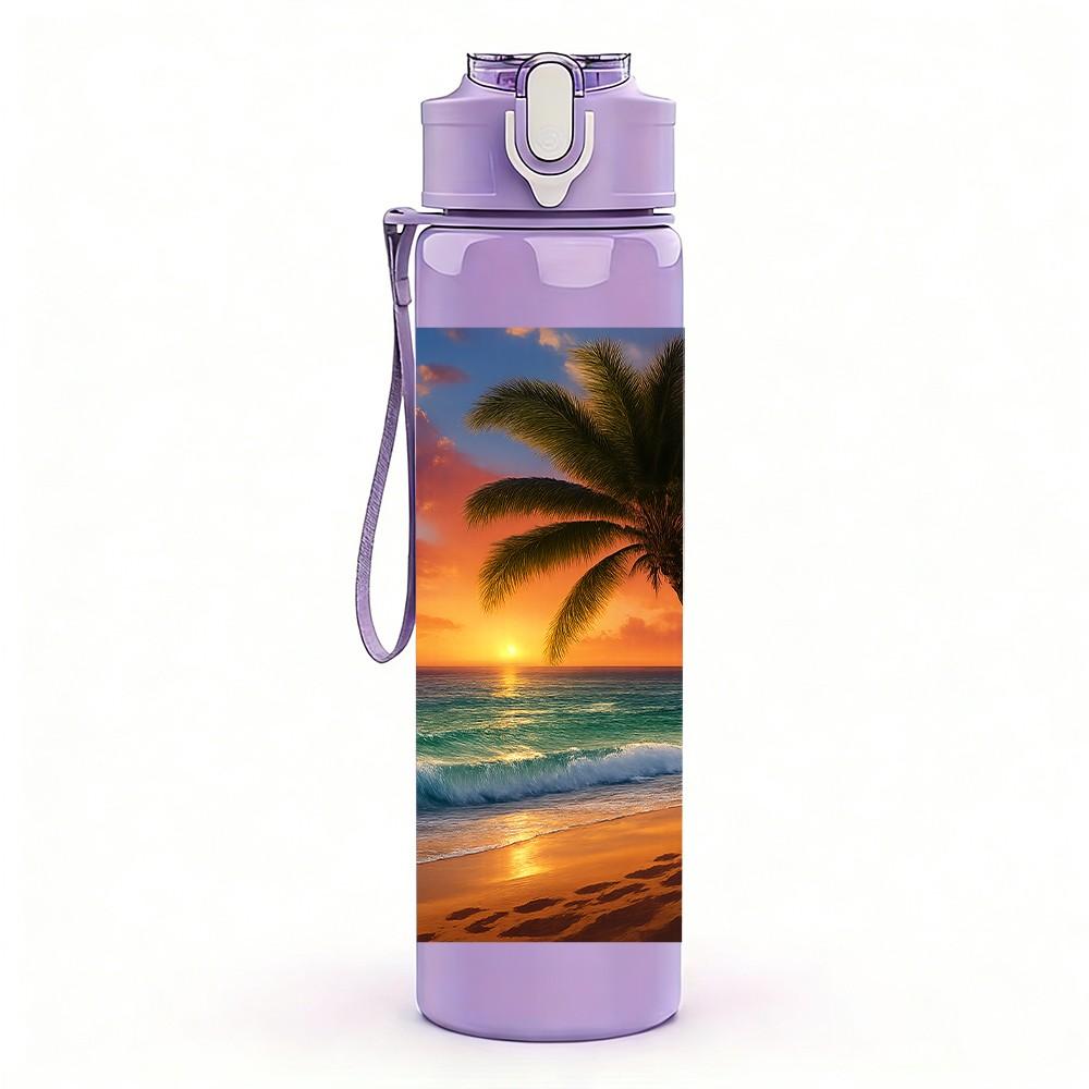 1PC Palm Tree Beach Sunset Ocean 750ml Color Plastic Sports Water Bottle Leakproof Flip Straw Lid Suitable for Sports Office Home Use