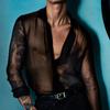 Summer Lapel Top Men's Black Thin Breathable Long Sleeve See-through Shirt
