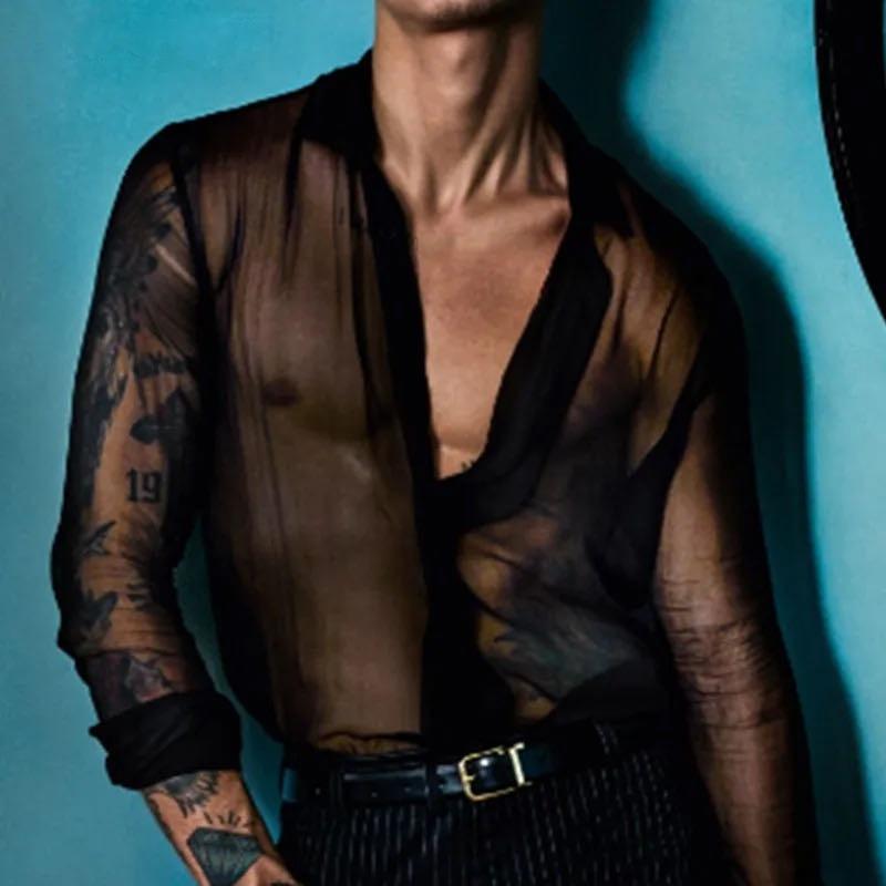Summer Lapel Top Men's Black Thin Breathable Long Sleeve See-through Shirt
