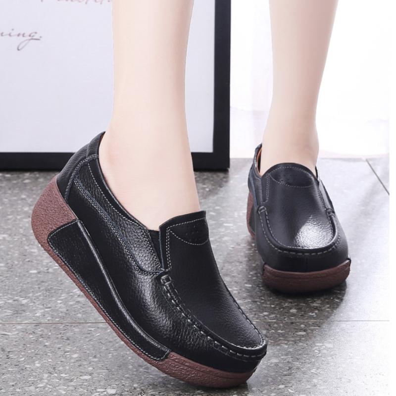 Genuine Leather Casual Shoes Women Fashion Platform Shoes Slip-on Loafers Walking Wedge Heels Rocker Shoes