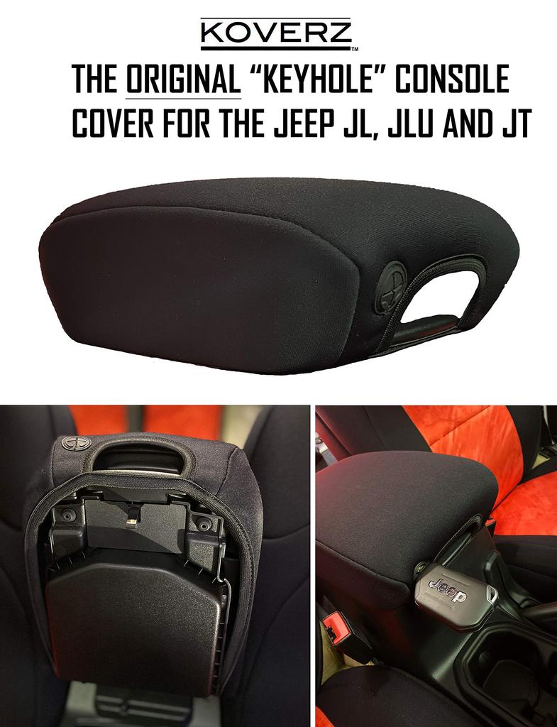 Koverz Neoprene Console Cover Armrest Pad with Keyhole for Jeep Wrangler JL JLU Gladiator JT Sahara Sport Rubicon Unlimited Black See Installation