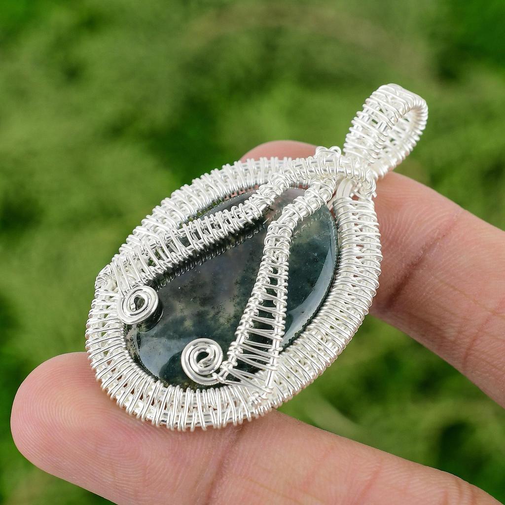 Sterling Silver Solar Moss Agate Gemstone Engagement Wire Wrap Pendant Jewelry