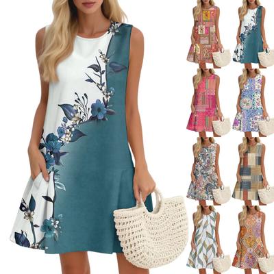Damen Casual Mode Atmungsaktives Rundhals-Tanktop Florales Urlaubs-Kleid mit Taschen