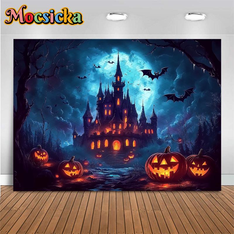 Mocsicka Halloween Purple Castle Photo Background Night Terror Forest Tree Bat Jack-O-Lanterns Party Decors Photography Backdrop