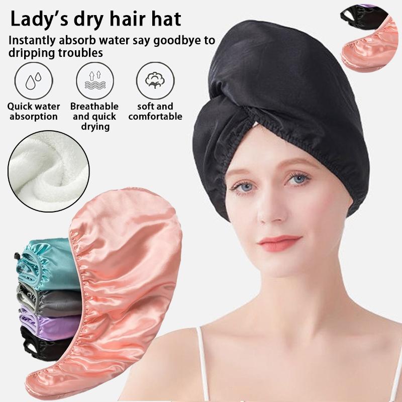 1PC random color New Satin reusable shower cap with dry hair function, strong water absorption,button design, elastic elasticity