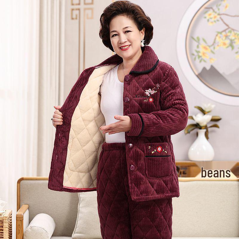 Women's Super Thick Three-Layer Velvet Pajamas - Winter Coral Fleece Quilted Homewear for Adults