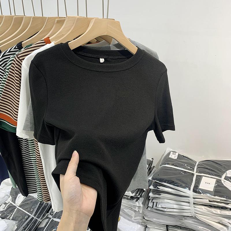 European Threaded Short-sleeved T-shirt for Women Spring and Summer New Round Neck Slimming Bottoming T-shirt Small Shirt Solid Color Versatile Top
