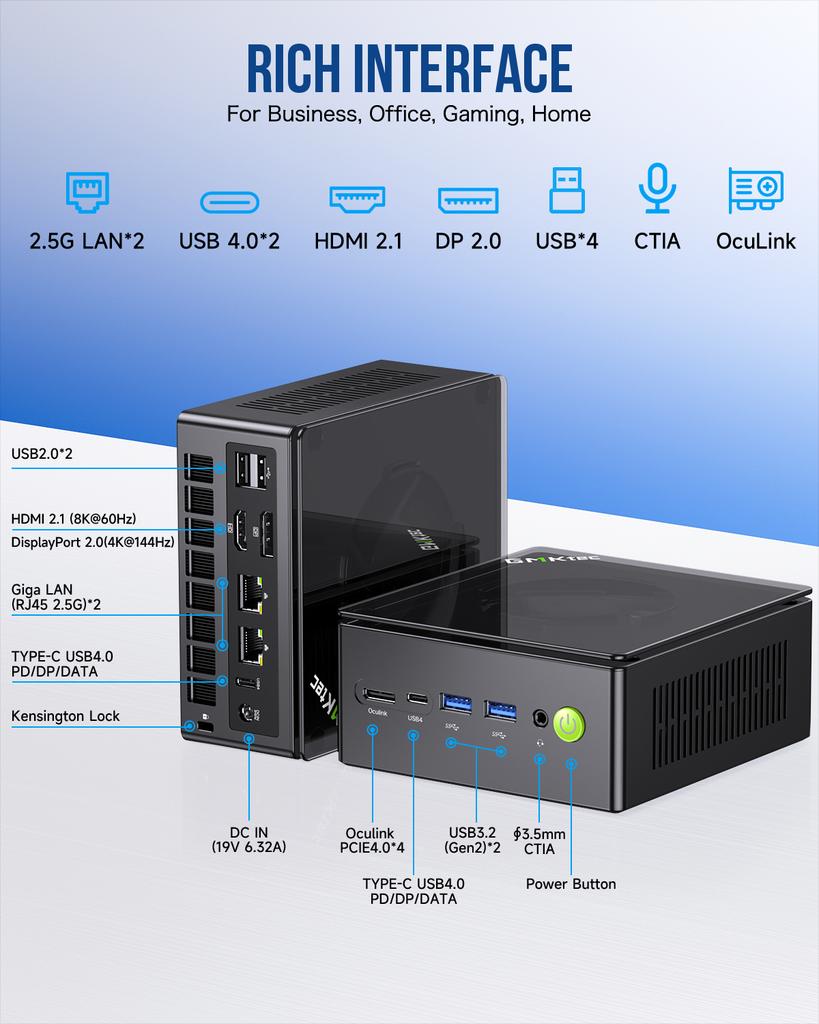 GMKtec-Mini PC K8 Plus Ryzen 7 8845HS, Ordinateur Gamer,Windows11Pro,DDR5, 5600Mhz,PCIe 4.0,Nvme, SSD, WiFi6, BT Stimule Mini PC