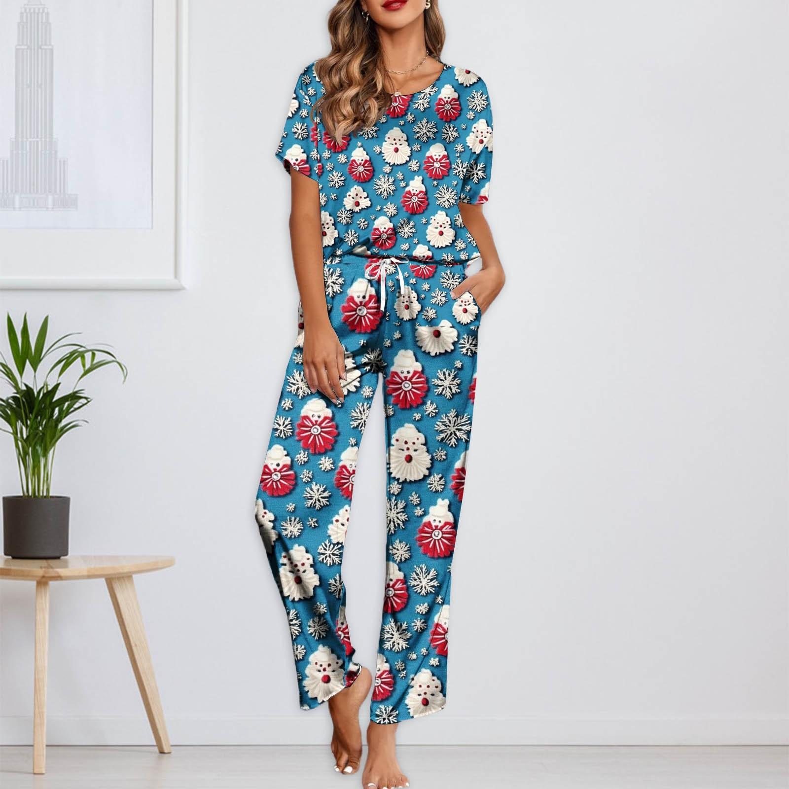 

Женский шелковый атласный пижамный комплект с рождественским принтом, рубашка с коротким рукавом и длинные пижамные штаны, мягкая домашняя одежда L красный