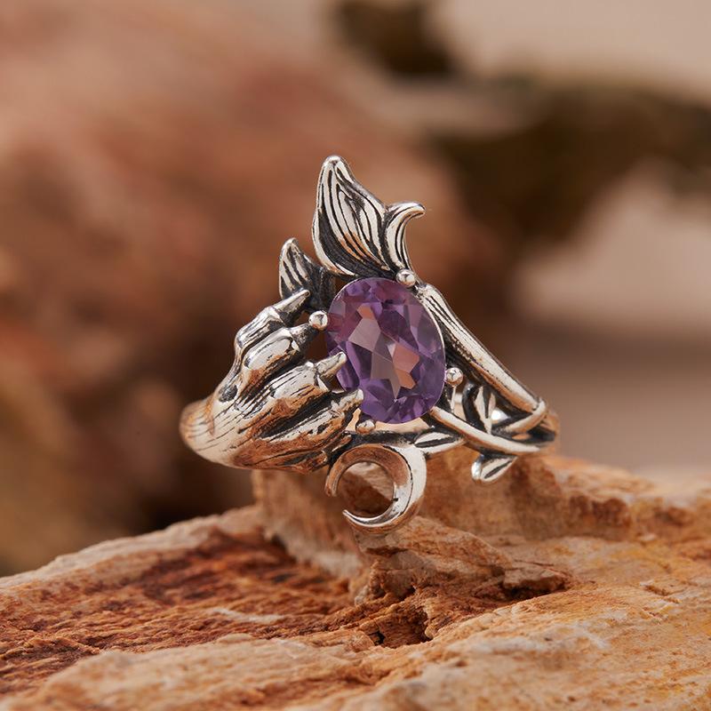 Demon Claw Natural Amethyst Citrine Topaz Garnet Ring Women'S S925 Sterling Silver Thai Silver Color Treasure Jewelry