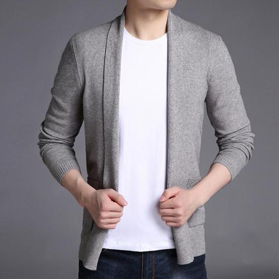 Men Sweater Coat Solid Color Soft Warm Breathable Stretchy Open Stitch Cardigan Long Sleeves Turn-down Collar Sweater Jacket Men Clothes