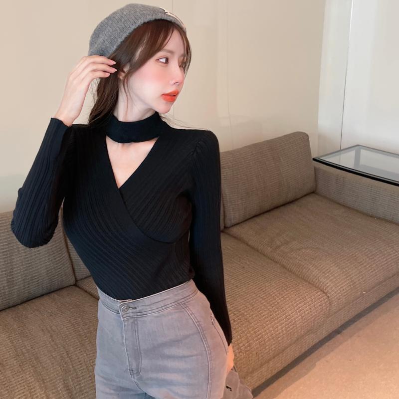 Sexy Fashion Cross V-neck Knitted Bottoming Shirt Women's Pullover Slim Fit Casual Sweater Autumn Winter Turtleneck Inner Top Solid Simple Clothing