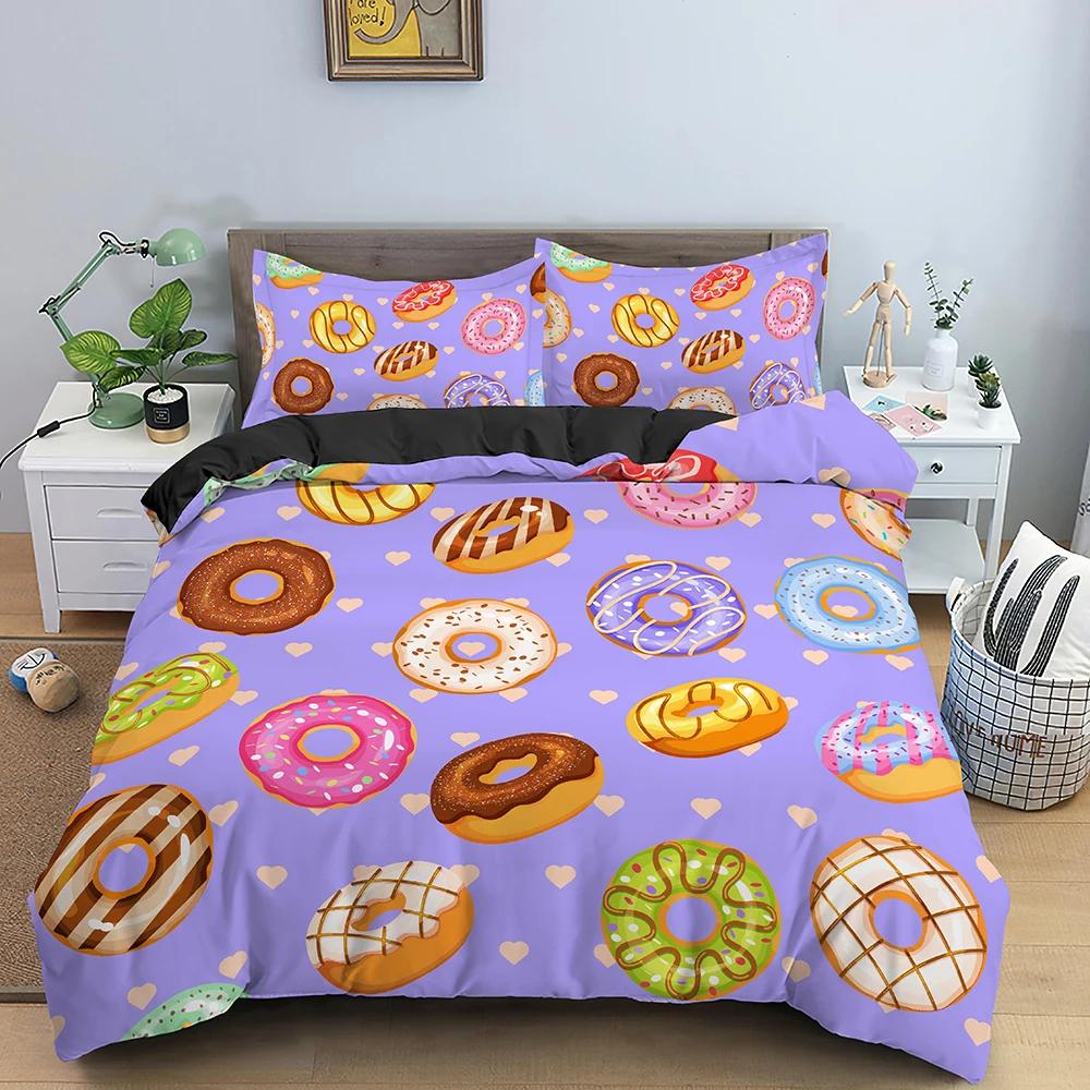 Bunte Donut King Size Bettbezug Cartoon Süß Schokolade Dessert Bettwäsche Set Für Kinder Mädchen Essen 2/3tlg. Polyester Steppdeckenbezug