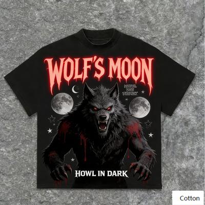 WOLFS MOND HEULEN IM DUNKEL Horror Dunkle Kunst Unisex Baumwoll-T-Shirt mit Retro Wolfsmond-Print Retro Streetwear Tee