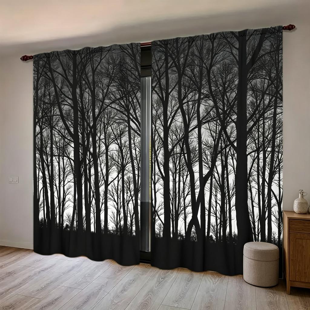 2-teilige nordische schwarz-weiße Wald-Silhouette Vorhänge, Moderne minimalistische Blackout Fertigvorhänge, Stangentaschen-Design