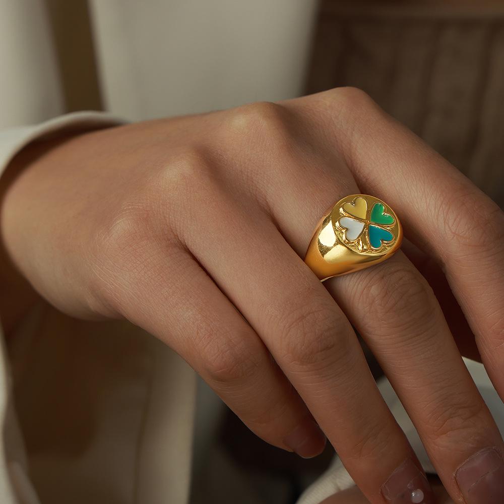Korean Style Geometric Heart Clover Enamel Ring for Women - Trendy Temperament Design