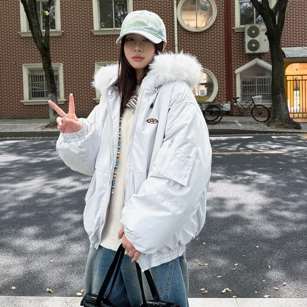Winter Couple's Loose Short Down Jacket with Big Fur Hood