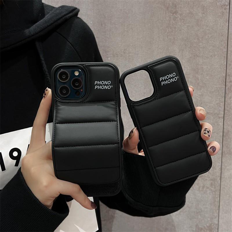 Down Jacket Style Phone Case IPhone 6 To 15 Series PU Leather Protective Cover With Wrist Strap