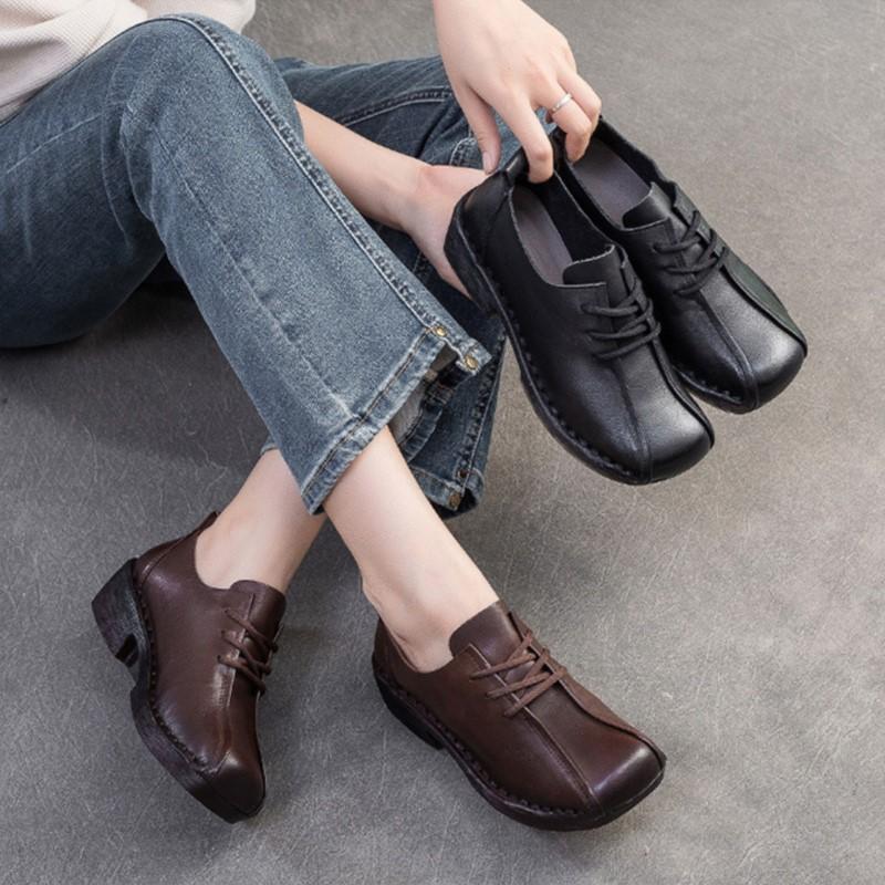 Fashion GKTINOO 2025 Autumn New Genuine Leather Round Toe Lightweight Casual Mid Heel Pumps Versatile Soft Sole Lace Up Women's Shoes