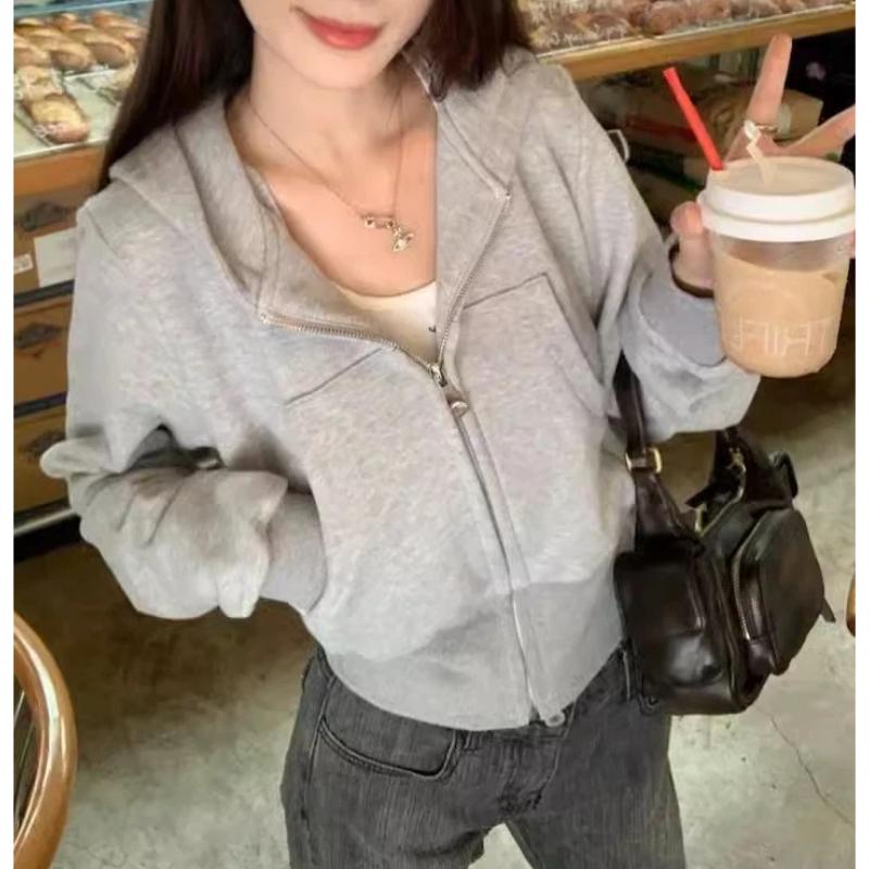 Damen Amerikanischer Stil Grau Kapuzenpullover Jacke Frühherbst Neuer Stil Einfarbig Vielseitig Mode Reißverschluss Kurzes Oberteil
