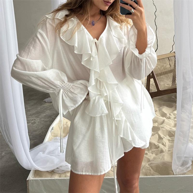 European And American Style Ruffle Hem Casual Set Spring Summer Women's Tie Cardigan Top And Shorts Design