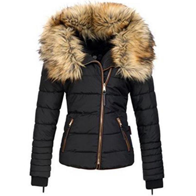 Ladies Slim Fit Cotton Jacket with Hood and Large Collar Zipper Fashion Outerwear