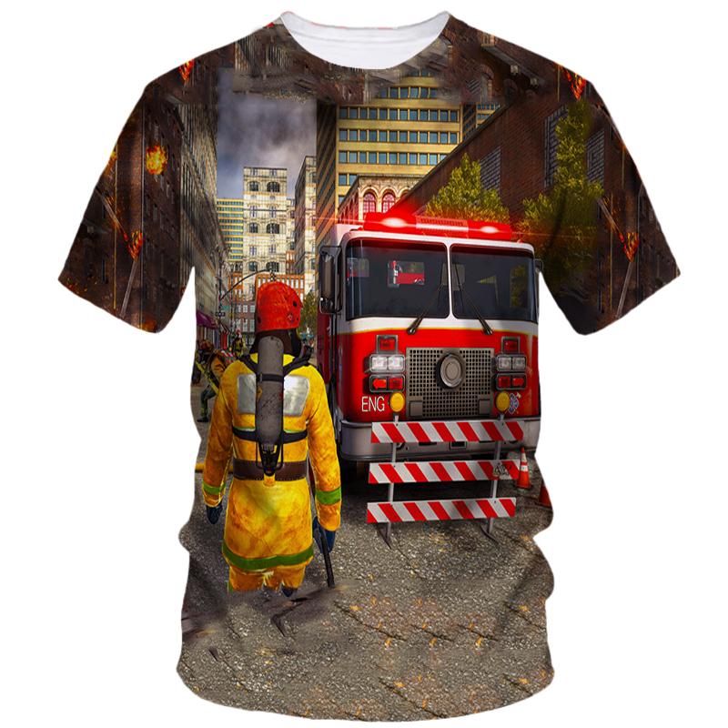 Firefighter Pattern Print Tough Guy Style T-shirts Summer Men's Short Sleeve T-Shirt Street Personality Creative Fashion Loose Casual Top