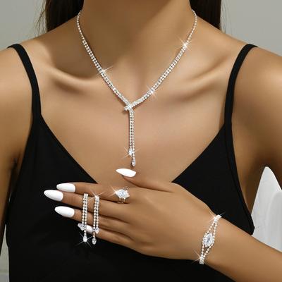 Joyería Completa de Diamante Zircón Collar Pendientes Pulsera Anillo Set Cadena Joyería para Vestido de Novia