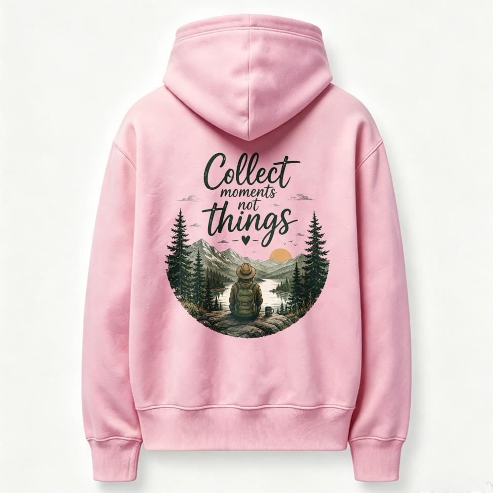 Unisex Collect Moments Not Things Hiker Mountain Lake Sunset Graphic Hoodie Back Print Sweatshirt Outdoor Camping Casual Hooded
