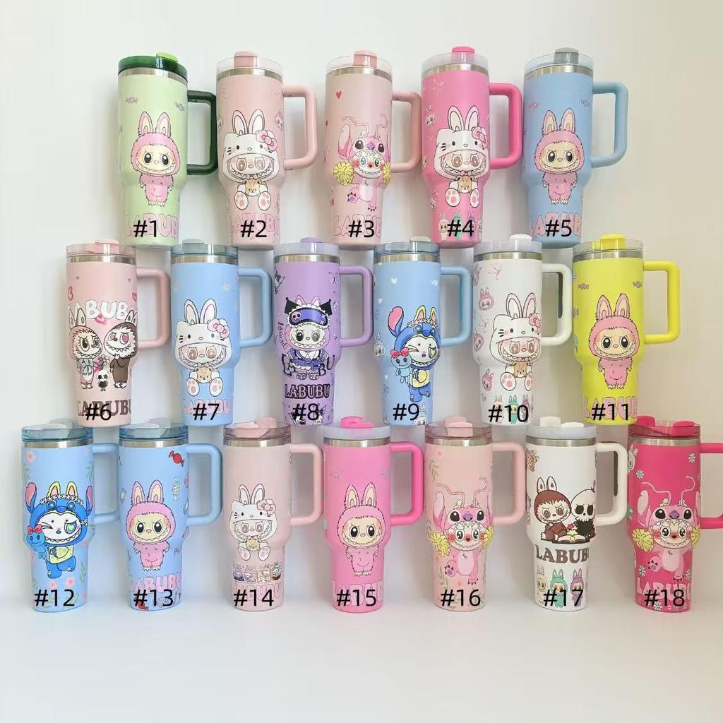 Cartoon pattern Labubu 40oz car cup 304 stainless steel thermos cup Labubu car straw Bingba cup