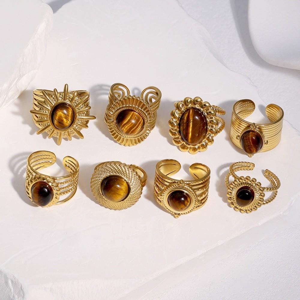 Sun Heart Motif Tiger Eye Stone Ring Gold Color Geometric Rings Vintage Finger Open Rings  Gifts