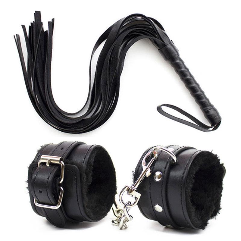 44cm PU Leather Erotic Handcuffs Ankle Cuff Restraints With Whip BDSM Bondage Slave Sex Toys For Couple Adult Game