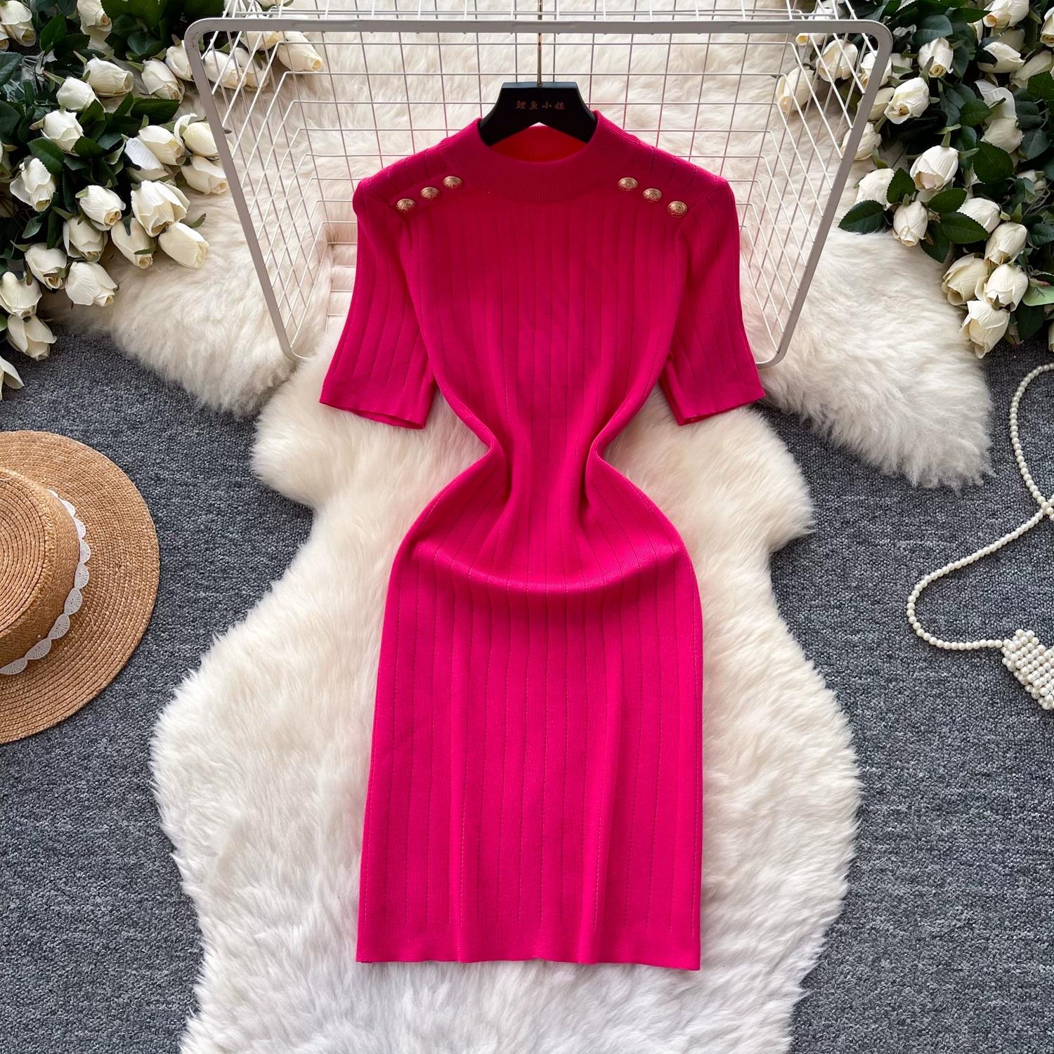 

Summer Knitted Sweater Bodycon Sheath Pencil Dress Bottoming Women Short Sleeve Casual Elastic Party Dresses One-size рожевий червоний колір