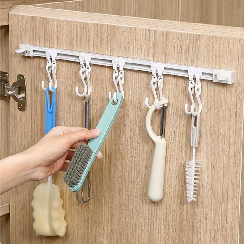 Punch-free Sliding Track Hook Kitchen Cabinet Door Back Row of Hanging Racks Sticky Hook Storage Rack To Save Space