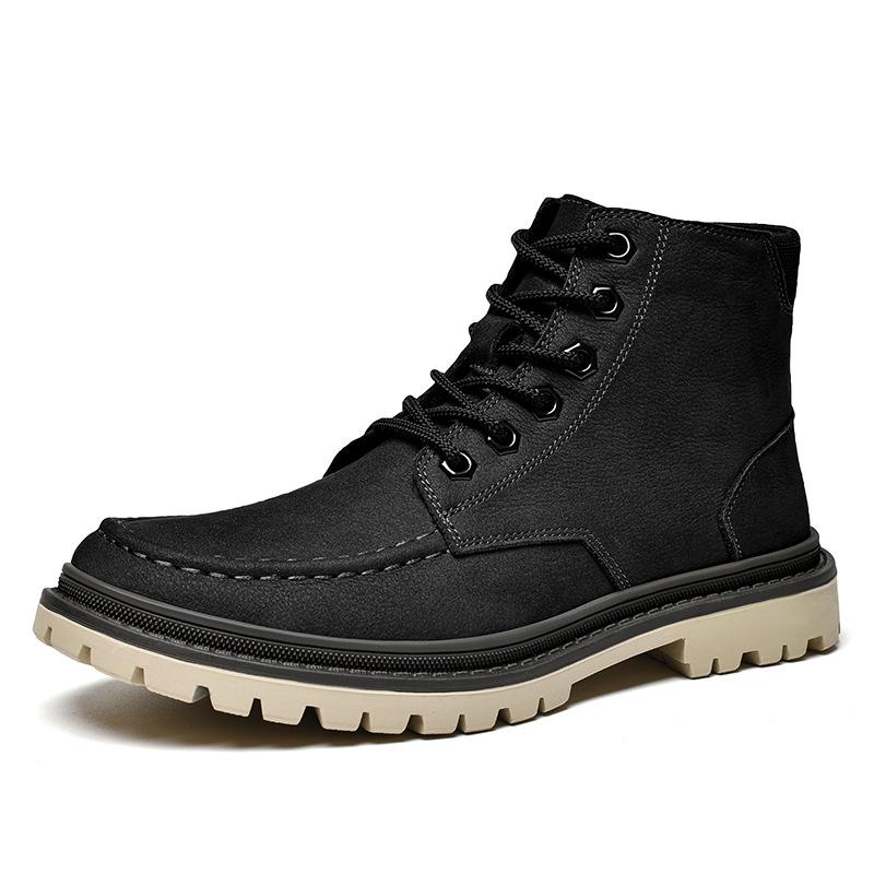 Men s Genuine Leather High-Top Martin Work Boots - Matte Cowhide American Retro Motorcycle Shoes 39 чёрный