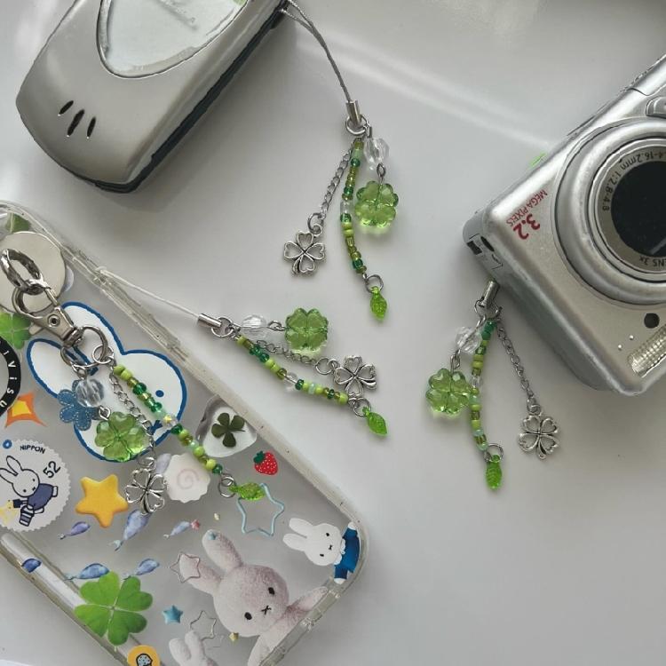 Grass Leaf Bead Pendant Phone Charm Hangings Rope Sweet Phone Chain Strap Bag Decoration Lanyard Keychain Accessory