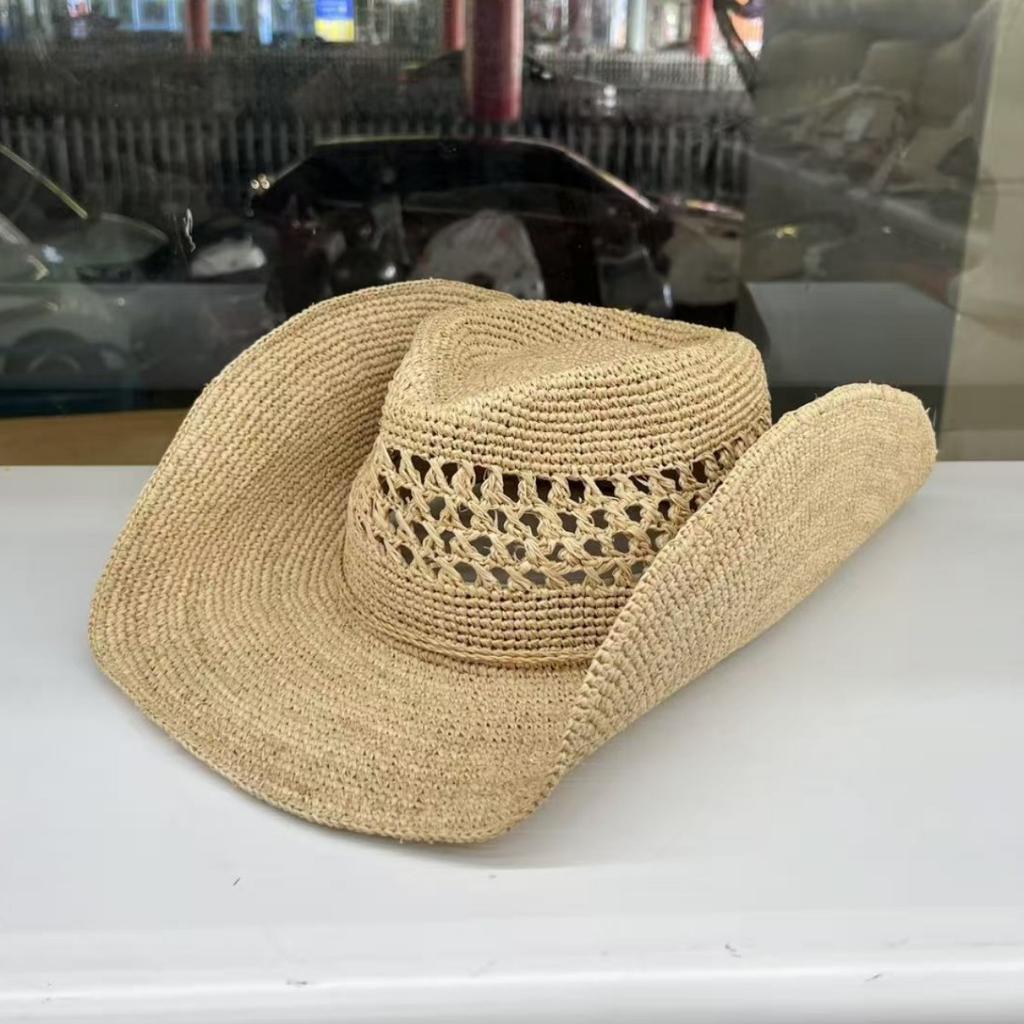 Natural raffia hollow woven hat women's summer vacation big eaves sun protection hat retro western denim sun hat