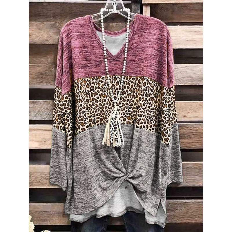 Women's V-neck Leopard Print Contrast Stitching Long-sleeved T-shirt Top