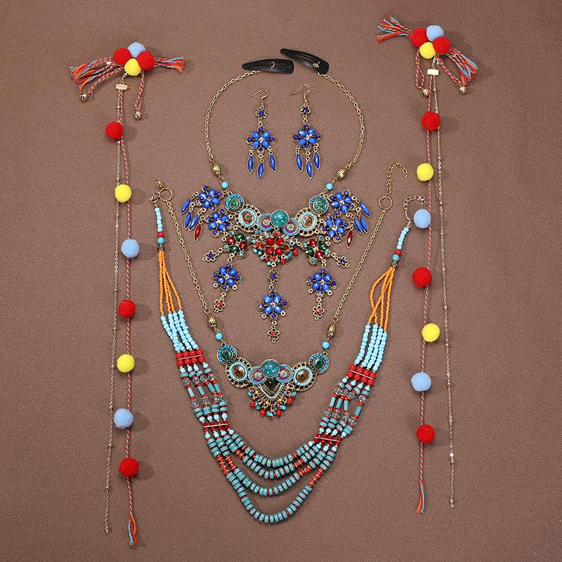 Böhmisches Retro Halsketten- & Ohrring-Set: Ethnischer Stirnschmuck im tibetischen Stil