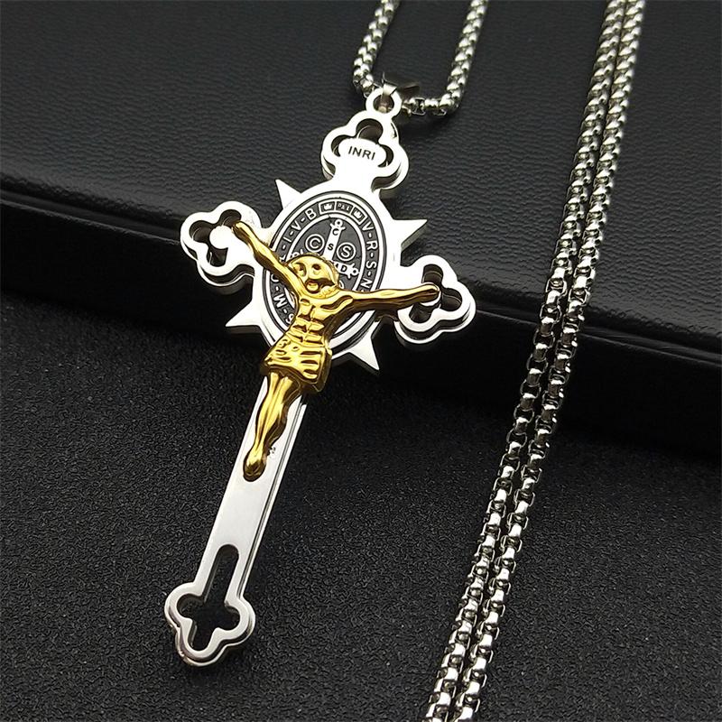 Saint Benedict Crucifix Cross Pendant Necklace for Men Women Stainless Steel CSPB INRI Jesus Crucifix Chains Jewelry NZZZ670S02