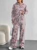 Pink Cherry Print European and American Autumn and Winter Casual Long-sleeved Suit Women's Hooded Sweater Trousers Two-piece Set