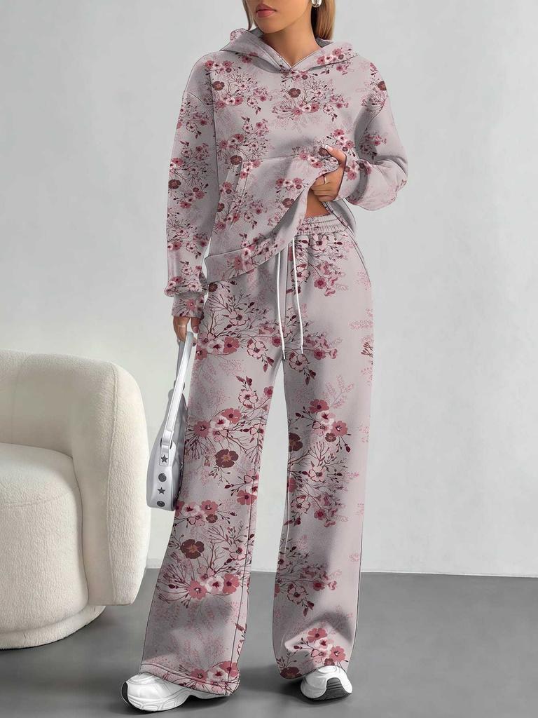 Pink Cherry Print European and American Autumn and Winter Casual Long-sleeved Suit Women's Hooded Sweater Trousers Two-piece Set
