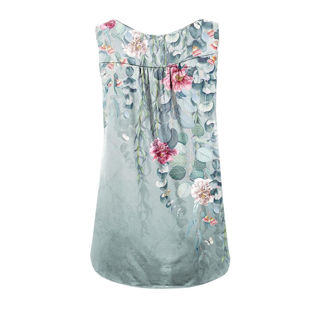Women's Fashion Floral Printing Pleated Sleeveless Casual T-shirt Vest Button Top