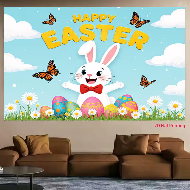 2D Easter Rabbit Colorful Eggs Photo Background