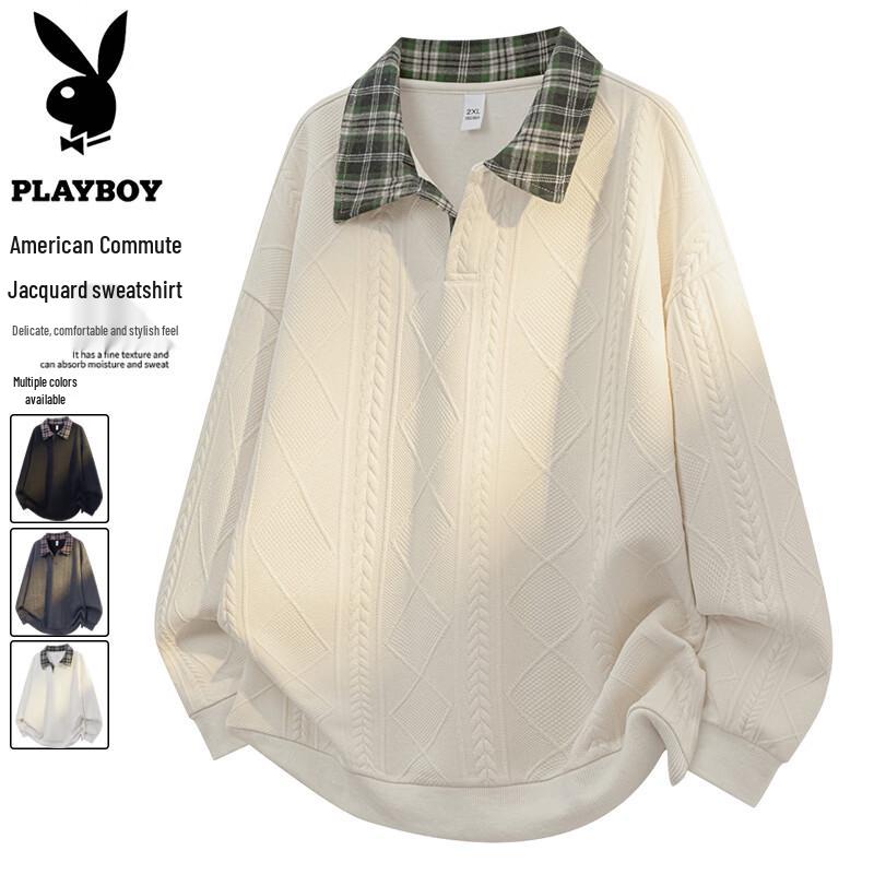PLAYBOY Men's Oversized Plaid Patchwork Polo Sweatshirt